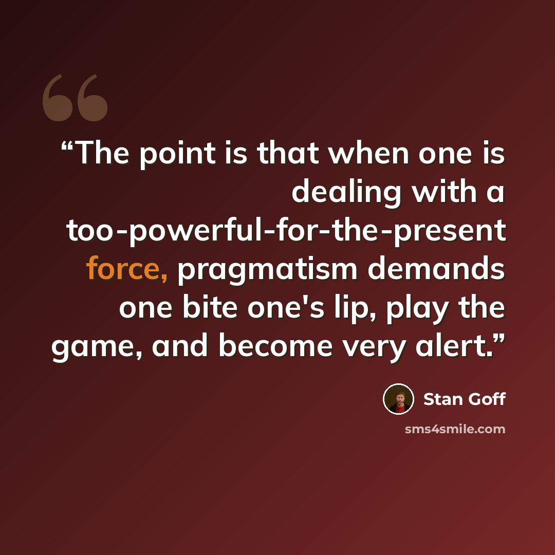 “The point is that when one is dealing with a too-powerful-for-the-present force, pragmatism demands one bite one's lip, play the game, and become very alert.” quote by Stan Goff