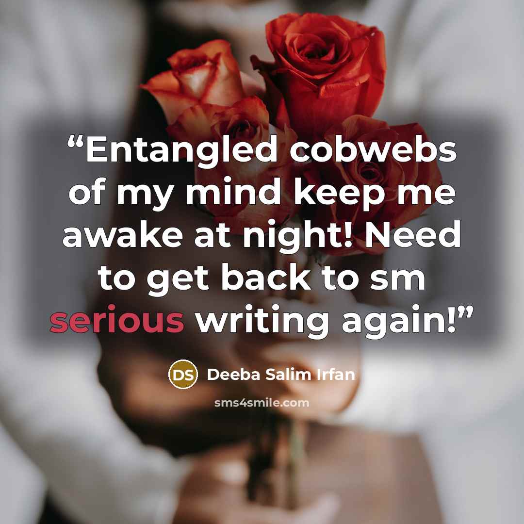 “Entangled cobwebs of my mind keep me awake at night! Need to get back to sm serious writing again!” quote by Deeba Salim Irfan