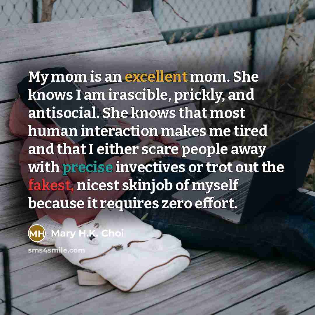 “My mom is an excellent mom. She knows I am irascible, prickly, and antisocial. She knows that most human interaction makes me tired and that I either scare people away with precise invectives or trot out the fakest, nicest skinjob of myself because it requires zero effort.” quote by Mary H.K. Choi