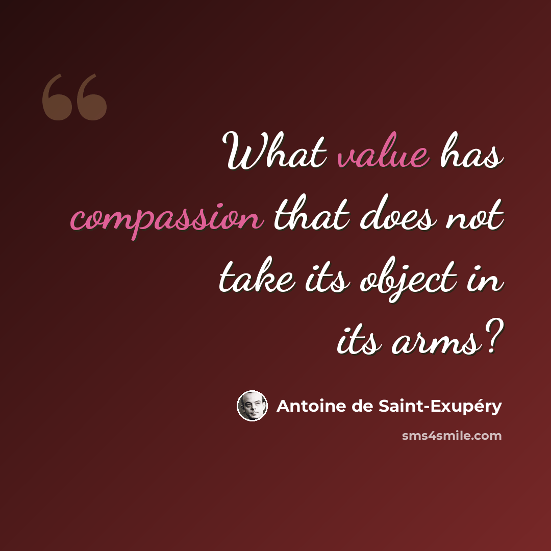 “What value has compassion that does not take its object in its arms?” quote by Antoine de Saint-Exupery