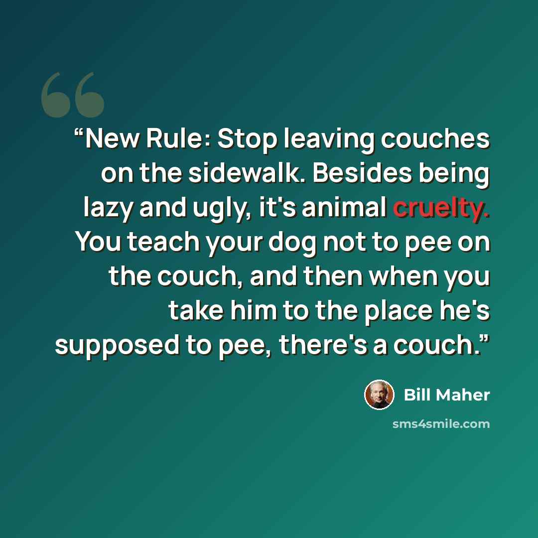 “New Rule: Stop leaving couches on the sidewalk. Besides being lazy and ugly, it's animal cruelty. You teach your dog not to pee on the couch, and then when you take him to the place he's supposed to pee, there's a couch.” quote by Bill Maher
