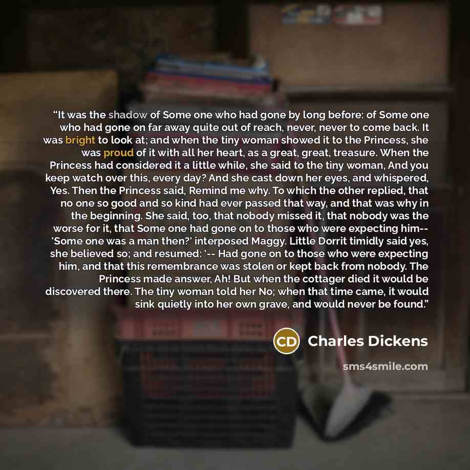 “It was the shadow of Some one who had gone by long before: of Some one who had gone on far away quite out of reach, never, never to come back. It was bright to look at; and when the tiny woman showed it to the Princess, she was proud of it with all her heart, as a great, great, treasure. When the…” quote by Charles Dickens