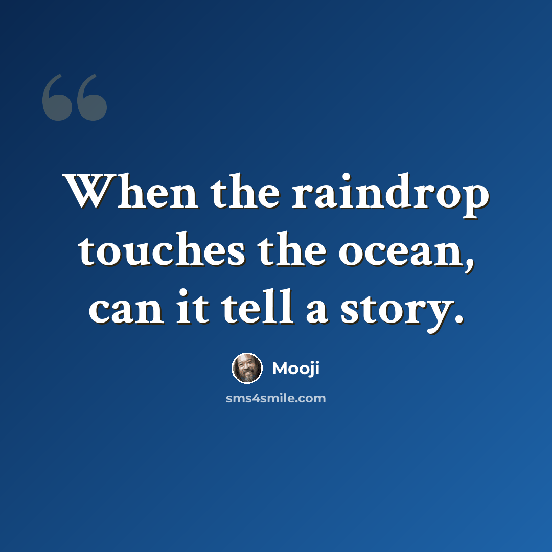 “When the raindrop touches the ocean, can it tell a story.” quote by Mooji