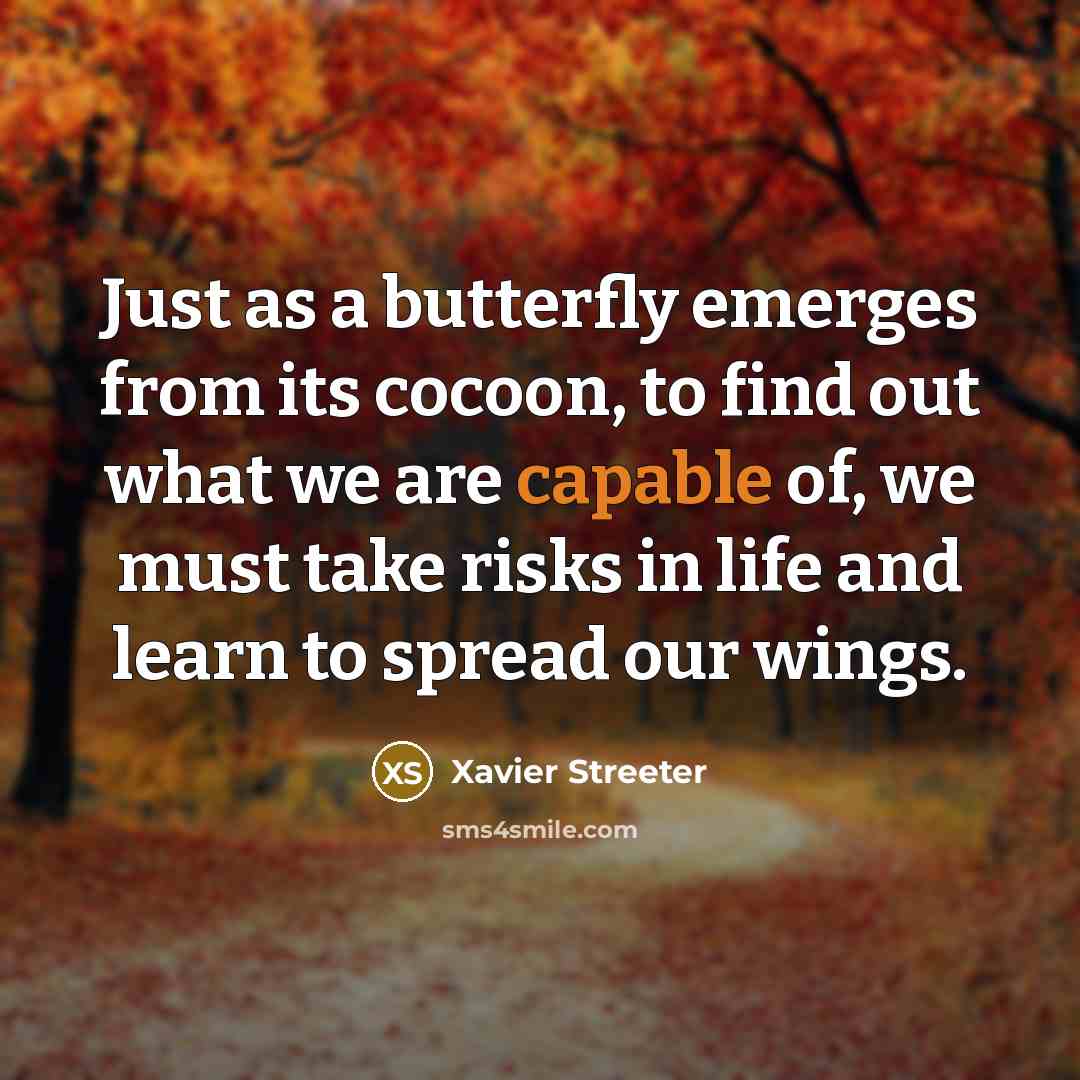 “Just as a butterfly emerges from its cocoon, to find out what we are capable of, we must take risks in life and learn to spread our wings.” quote by Xavier Streeter