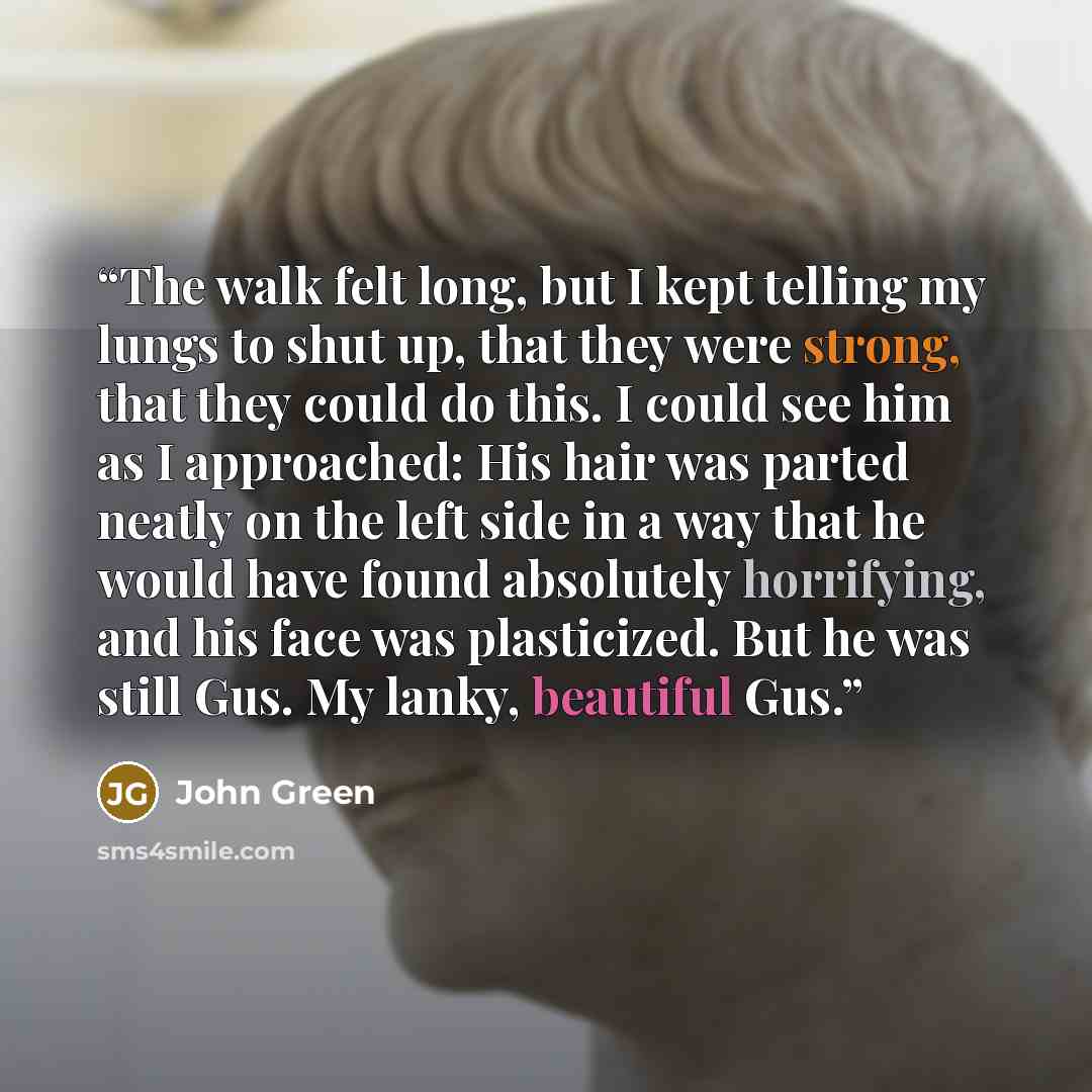 “The walk felt long, but I kept telling my lungs to shut up, that they were strong, that they could do this. I could see him as I approached: His hair was parted neatly on the left side in a way that he would have found absolutely horrifying, and his face was plasticized. But he was still Gus. My…” quote by John Green