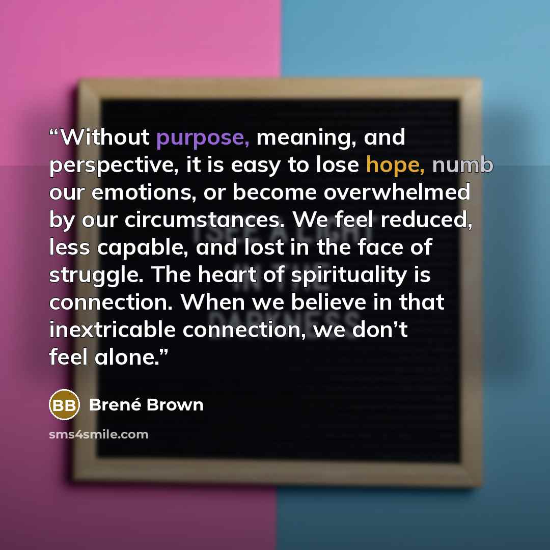“Without purpose, meaning, and perspective, it is easy to lose hope, numb our emotions, or become overwhelmed by our circumstances. We feel reduced, less capable, and lost in the face of struggle. The heart of spirituality is connection. When we believe in that inextricable connection, we don’t…” quote by Brené Brown