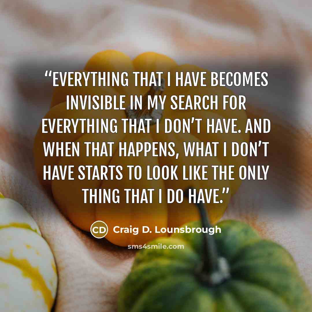 “Everything that I have becomes invisible in my search for everything that I don’t have. And when that happens, what I don’t have starts to look like the only thing that I do have.” quote by Craig D. Lounsbrough