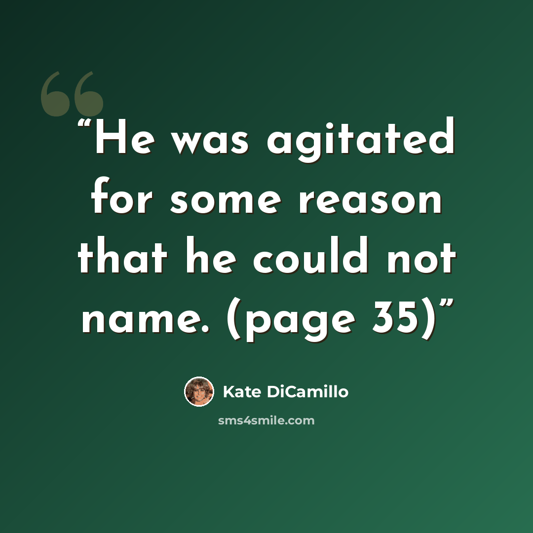 “He was agitated for some reason that he could not name. (page 35)” quote by Kate DiCamillo