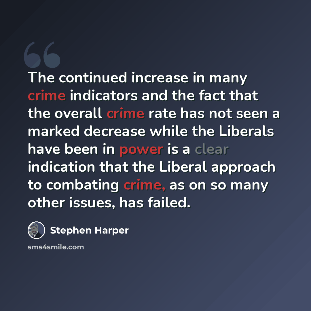 “The continued increase in many crime indicators and the fact that the overall crime rate has not seen a marked decrease while the Liberals have been in power is a clear indication that the Liberal approach to combating crime, as on so many other issues, has failed.” quote by Stephen Harper