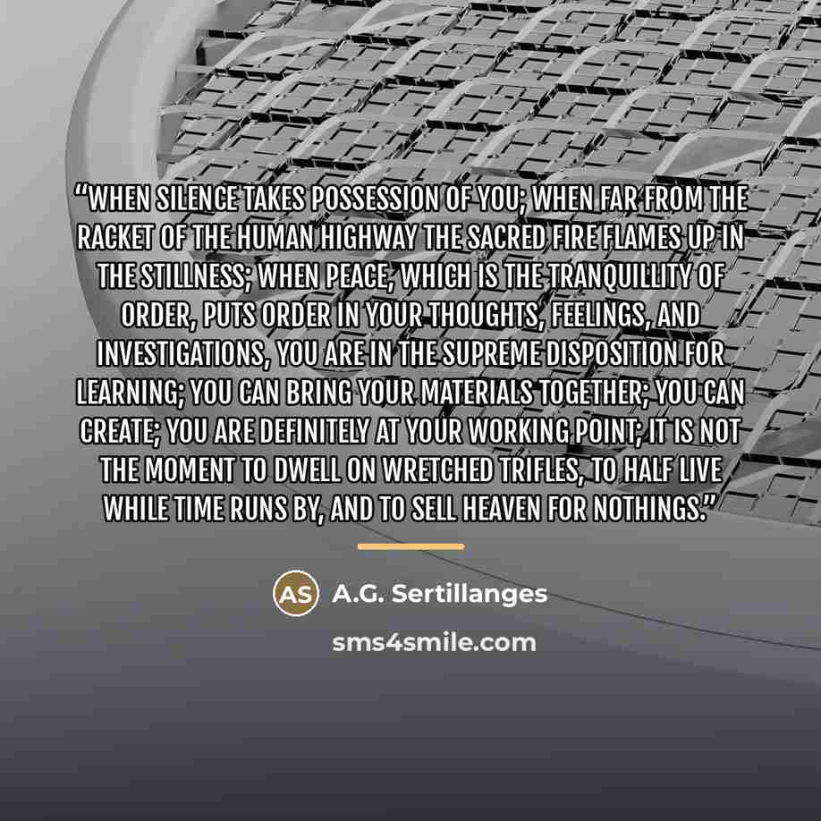 “When silence takes possession of you; when far from the racket of the human highway the sacred fire flames up in the stillness; when peace, which is the tranquillity of order, puts order in your thoughts, feelings, and investigations, you are in the supreme disposition for learning; you can bring…” quote by A.G. Sertillanges