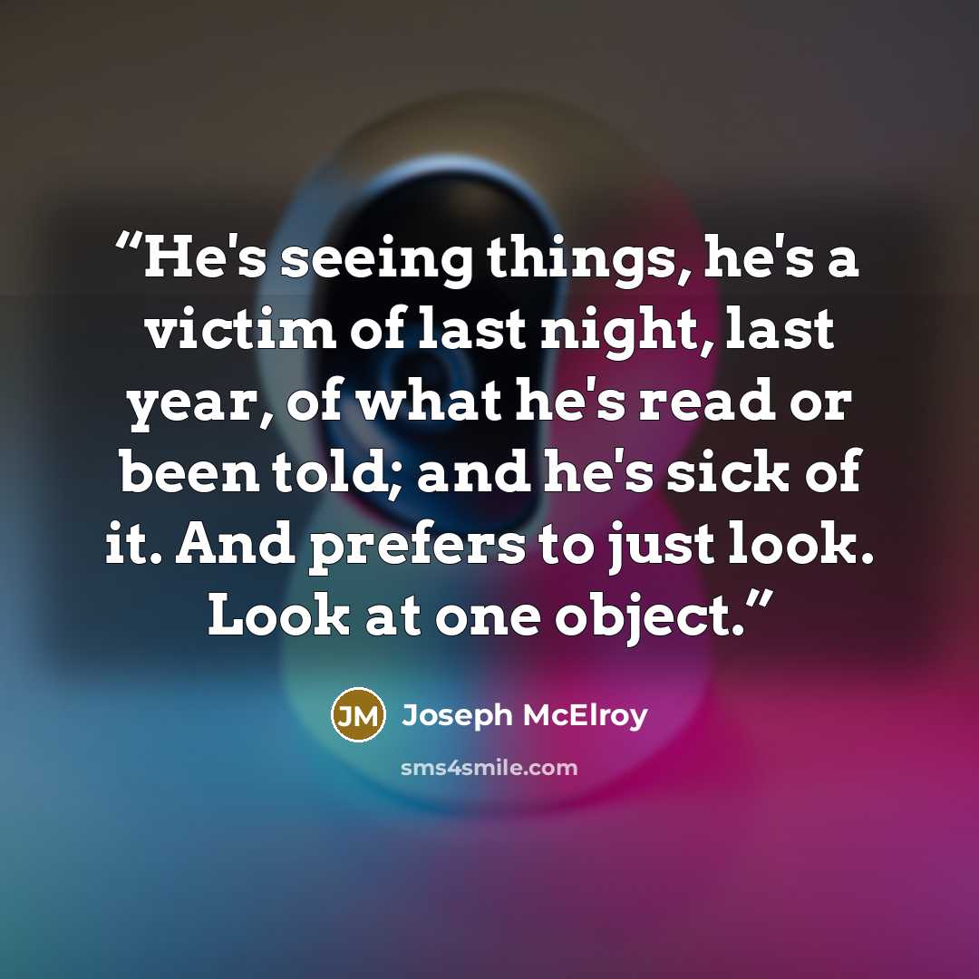 “He's seeing things, he's a victim of last night, last year, of what he's read or been told; and he's sick of it. And prefers to just look. Look at one object.” quote by Joseph McElroy