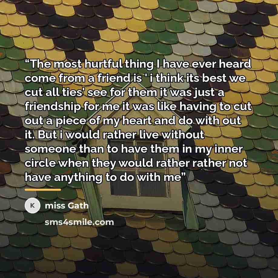 “The most hurtful thing I have ever heard come from a friend is ' i think its best we cut all ties' see for them it was just a friendship for me it was like having to cut out a piece of my heart and do with out it. But i would rather live without someone than to have them in my inner circle when…” quote by miss Gath