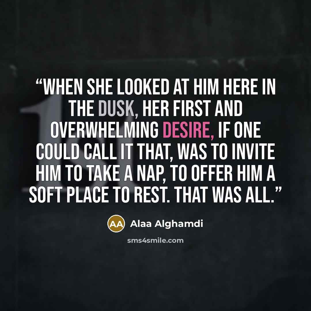 “when she looked at him here in the dusk, her first and overwhelming desire, if one could call it that, was to invite him to take a nap, to offer him a soft place to rest. That was all.” quote by Alaa Alghamdi