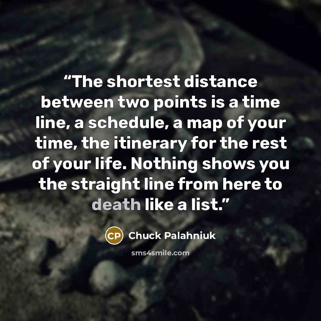 “The shortest distance between two points is a time line, a schedule, a map of your time, the itinerary for the rest of your life. Nothing shows you the straight line from here to death like a list.” quote by Chuck Palahniuk