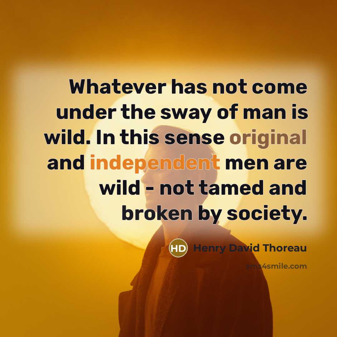 “Whatever has not come under the sway of man is wild. In this sense original and independent men are wild - not tamed and broken by society.” quote by Henry David Thoreau