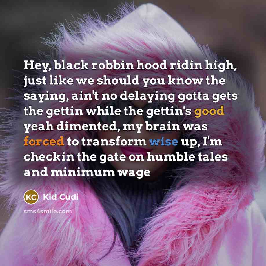 “Hey, black robbin hood ridin high, just like we should you know the saying, ain't no delaying gotta gets the gettin while the gettin's good yeah dimented, my brain was forced to transform wise up, I'm checkin the gate on humble tales and minimum wage” quote by Kid Cudi