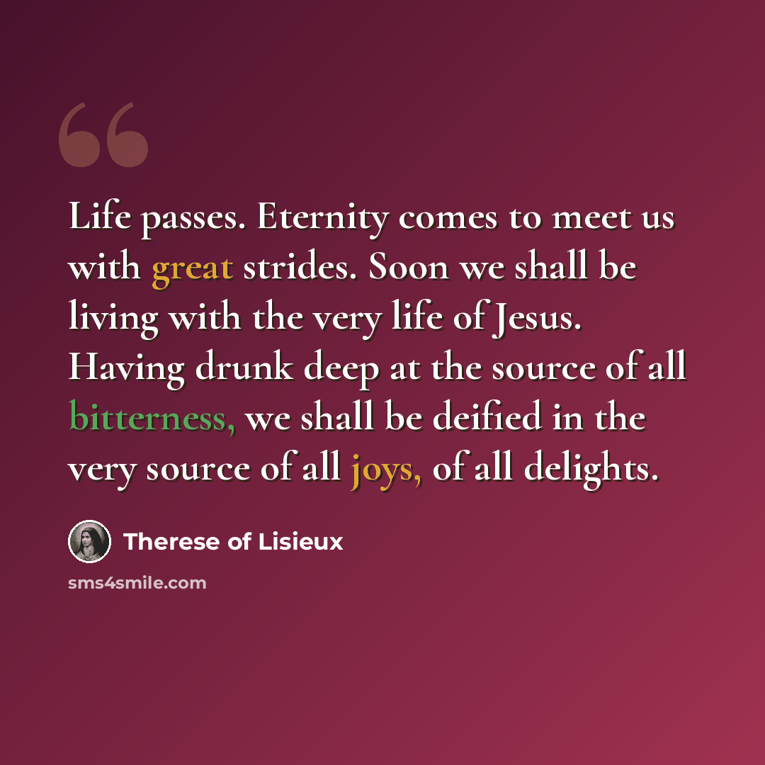 “Life passes. Eternity comes to meet us with great strides. Soon we shall be living with the very life of Jesus. Having drunk deep at the source of all bitterness, we shall be deified in the very source of all joys, of all delights.” quote by Therese of Lisieux