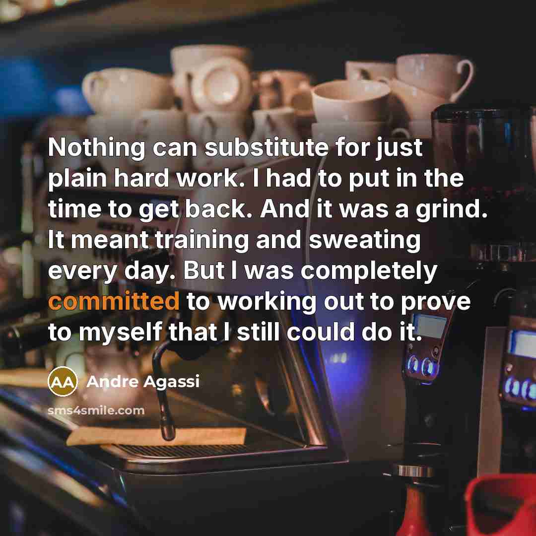 “Nothing can substitute for just plain hard work. I had to put in the time to get back. And it was a grind. It meant training and sweating every day. But I was completely committed to working out to prove to myself that I still could do it.” quote by Andre Agassi