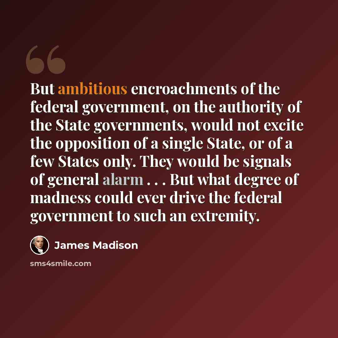 “But ambitious encroachments of the federal government, on the authority of the State governments, would not excite the opposition of a single State, or of a few States only. They would be signals of general alarm . . . But what degree of madness could ever drive the federal government to such an…” quote by James Madison