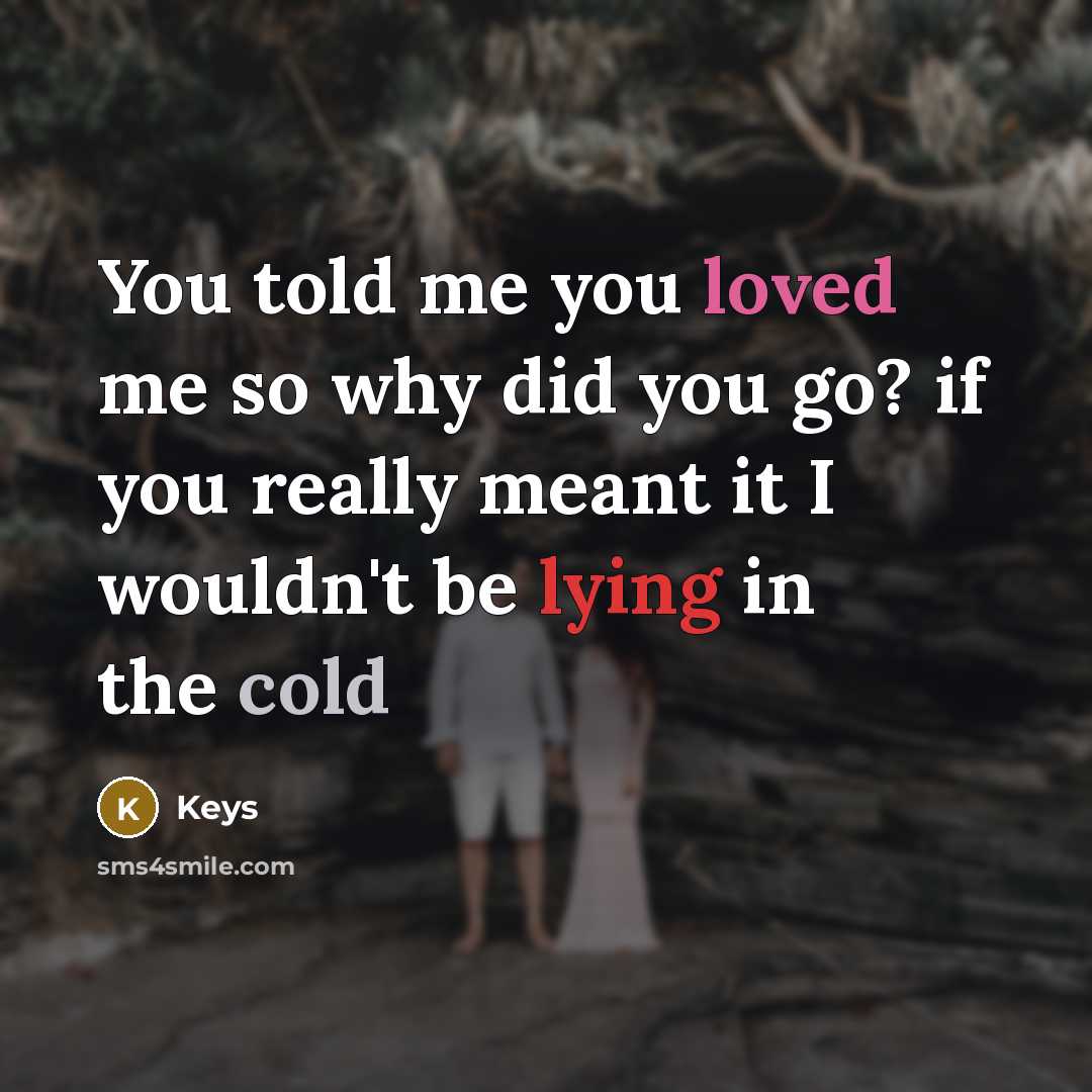 “You told me you loved me so why did you go? if you really meant it I wouldn't be lying in the cold” quote by Keys