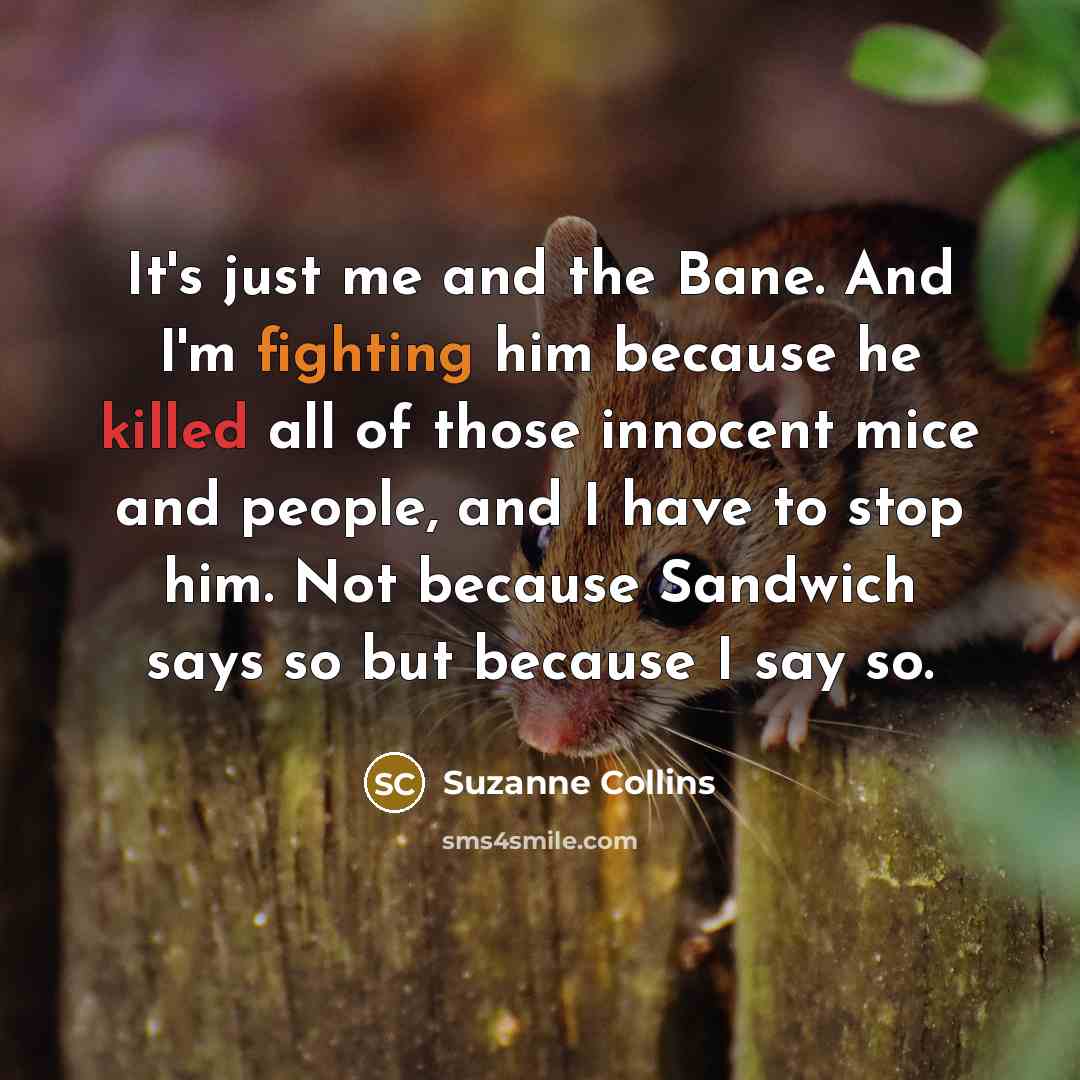 “It's just me and the Bane. And I'm fighting him because he killed all of those innocent mice and people, and I have to stop him. Not because Sandwich says so but because I say so.” quote by Suzanne Collins