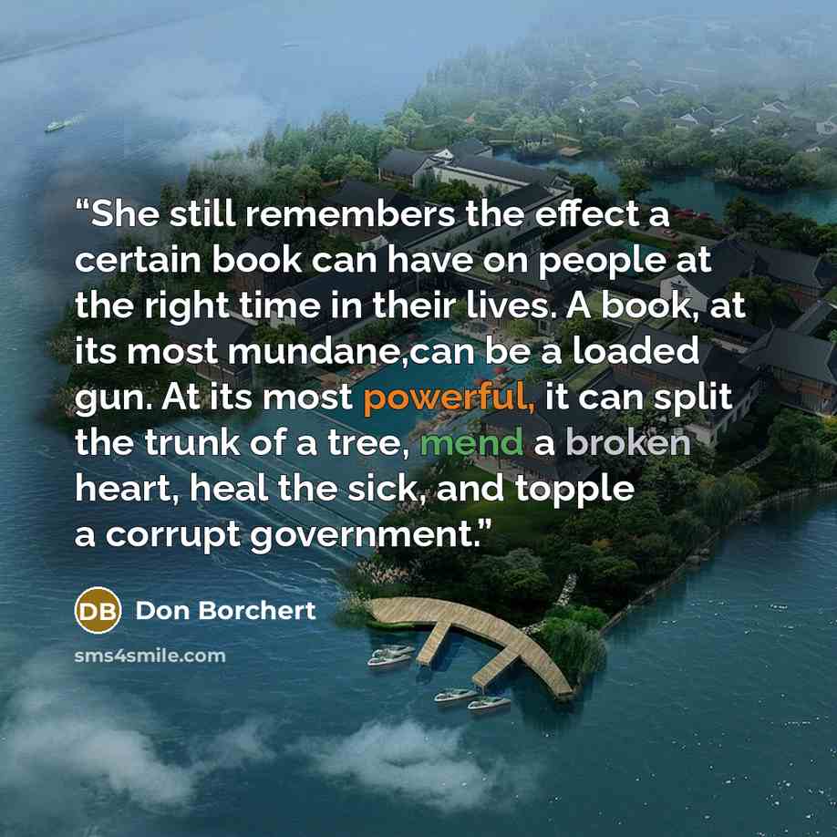 “She still remembers the effect a certain book can have on people at the right time in their lives. A book, at its most mundane,can be a loaded gun. At its most powerful, it can split the trunk of a tree, mend a broken heart, heal the sick, and topple a corrupt government.” quote by Don Borchert