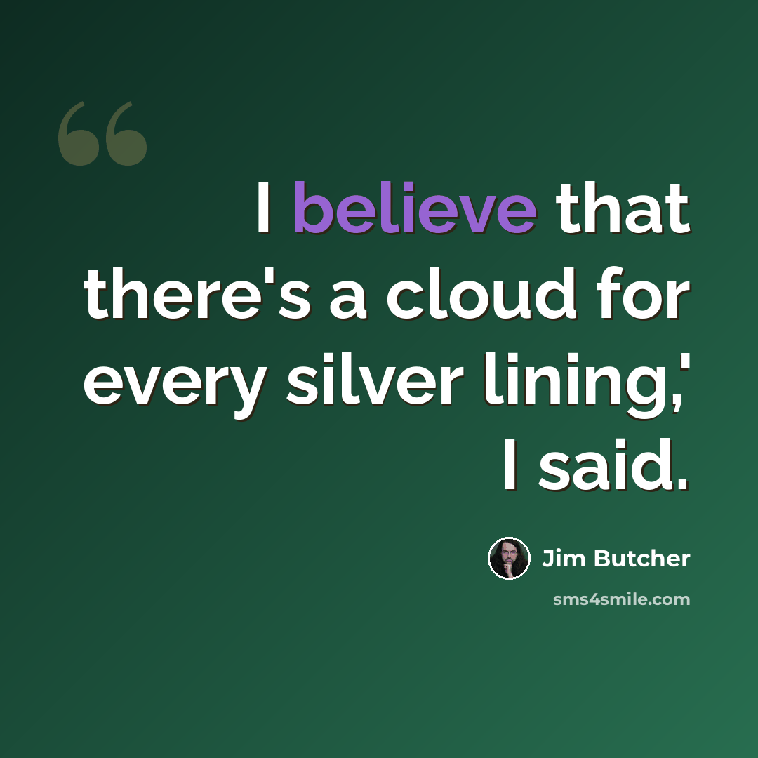 “I believe that there's a cloud for every silver lining,' I said.” quote by Jim Butcher