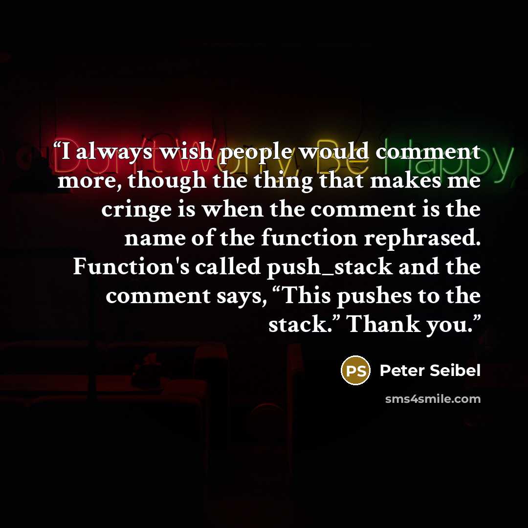 “I always wish people would comment more, though the thing that makes me cringe is when the comment is the name of the function rephrased. Function's called push_stack and the comment says, “This pushes to the stack.” Thank you.” quote by Peter Seibel