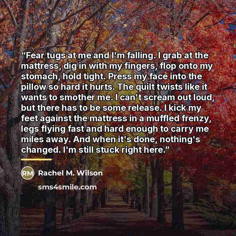 “Fear tugs at me and I'm falling. I grab at the mattress, dig in with my fingers, flop onto my stomach, hold tight. Press my face into the pillow so hard it hurts. The quilt twists like it wants to smother me. I can't scream out loud, but there has to be some release. I kick my feet against the…” quote by Rachel M. Wilson