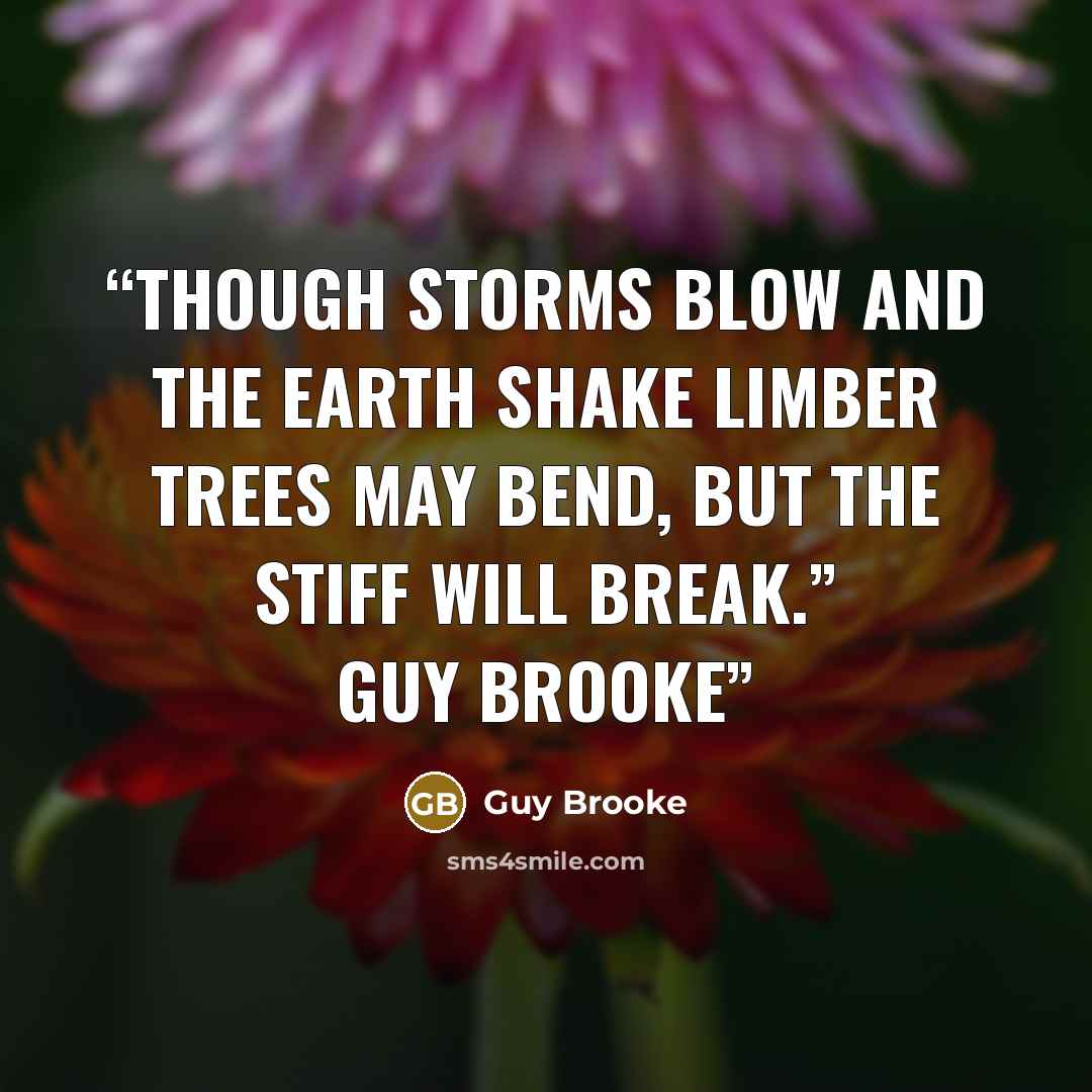 “Though storms blow and the earth shake Limber trees may bend, but the stiff will break.” guy Brooke” quote by Guy Brooke