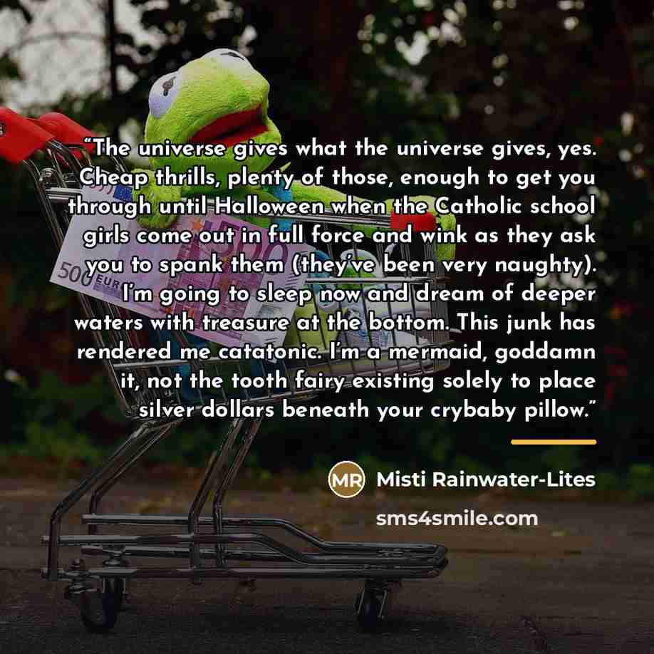 “The universe gives what the universe gives, yes. Cheap thrills, plenty of those, enough to get you through until Halloween when the Catholic school girls come out in full force and wink as they ask you to spank them (they’ve been very naughty). I’m going to sleep now and dream of deeper waters…” quote by Misti Rainwater-Lites