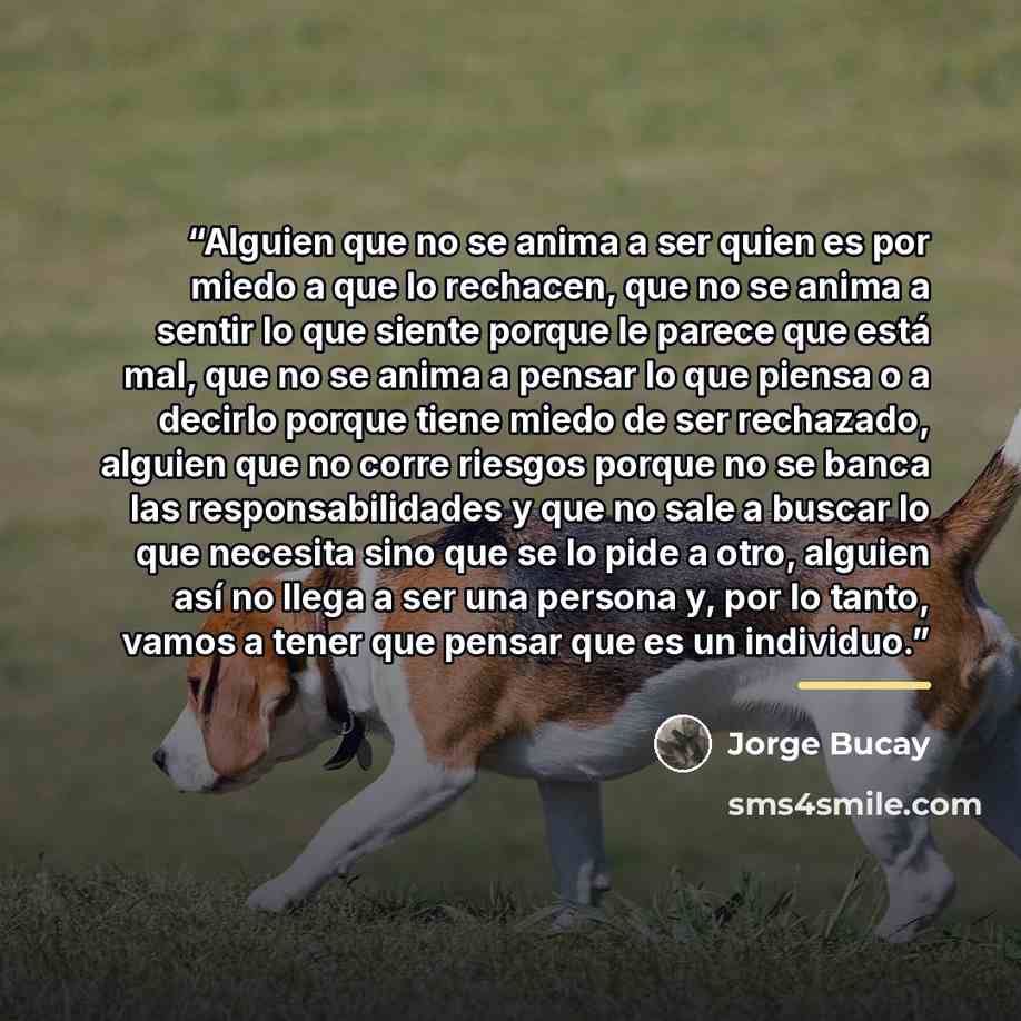 “Alguien que no se anima a ser quien es por miedo a que lo rechacen, que no se anima a sentir lo que siente porque le parece que está mal, que no se anima a pensar lo que piensa o a decirlo porque tiene miedo de ser rechazado, alguien que no corre riesgos porque no se banca las responsabilidades y…” quote by Jorge Bucay