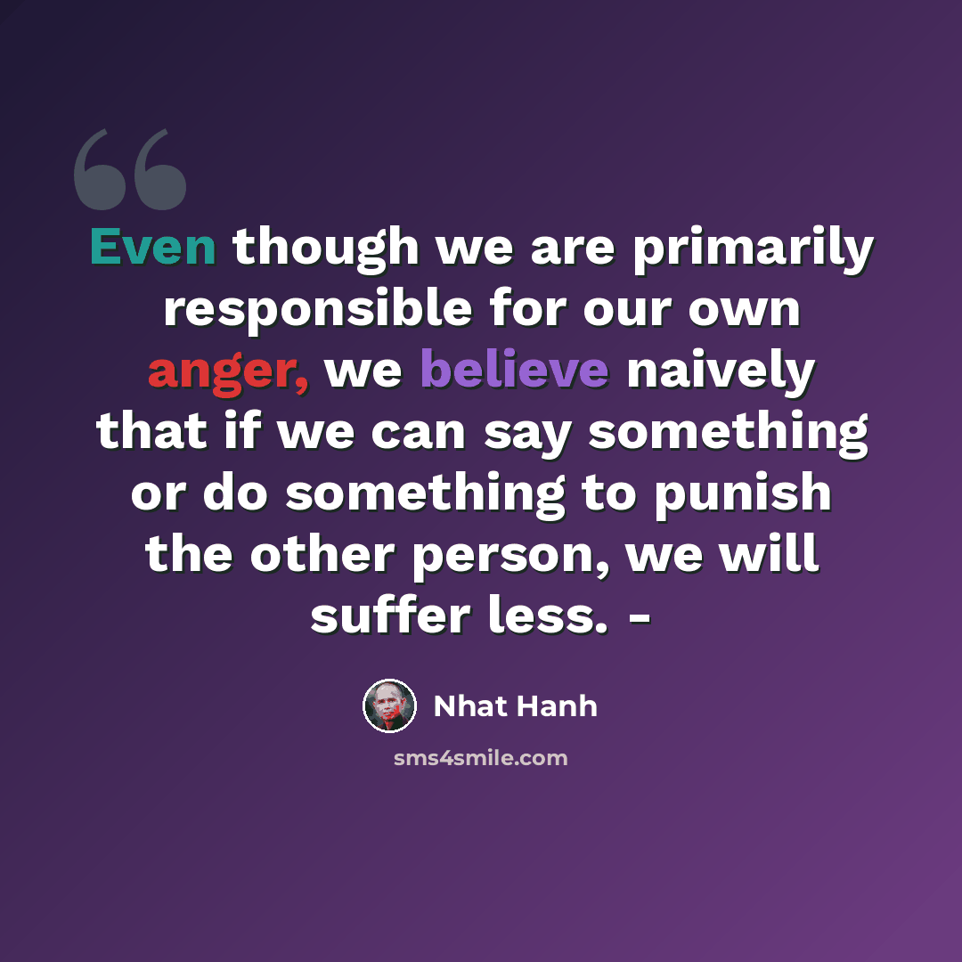 “Even though we are primarily responsible for our own anger, we believe naively that if we can say something or do something to punish the other person, we will suffer less. -” quote by Nhat Hanh
