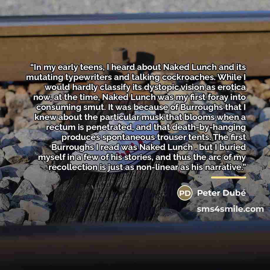 “In my early teens, I heard about Naked Lunch and its mutating typewriters and talking cockroaches. While I would hardly classify its dystopic vision as erotica now, at the time, Naked Lunch was my first foray into consuming smut. It was because of Burroughs that I knew about the particular musk…” quote by Peter Dubé