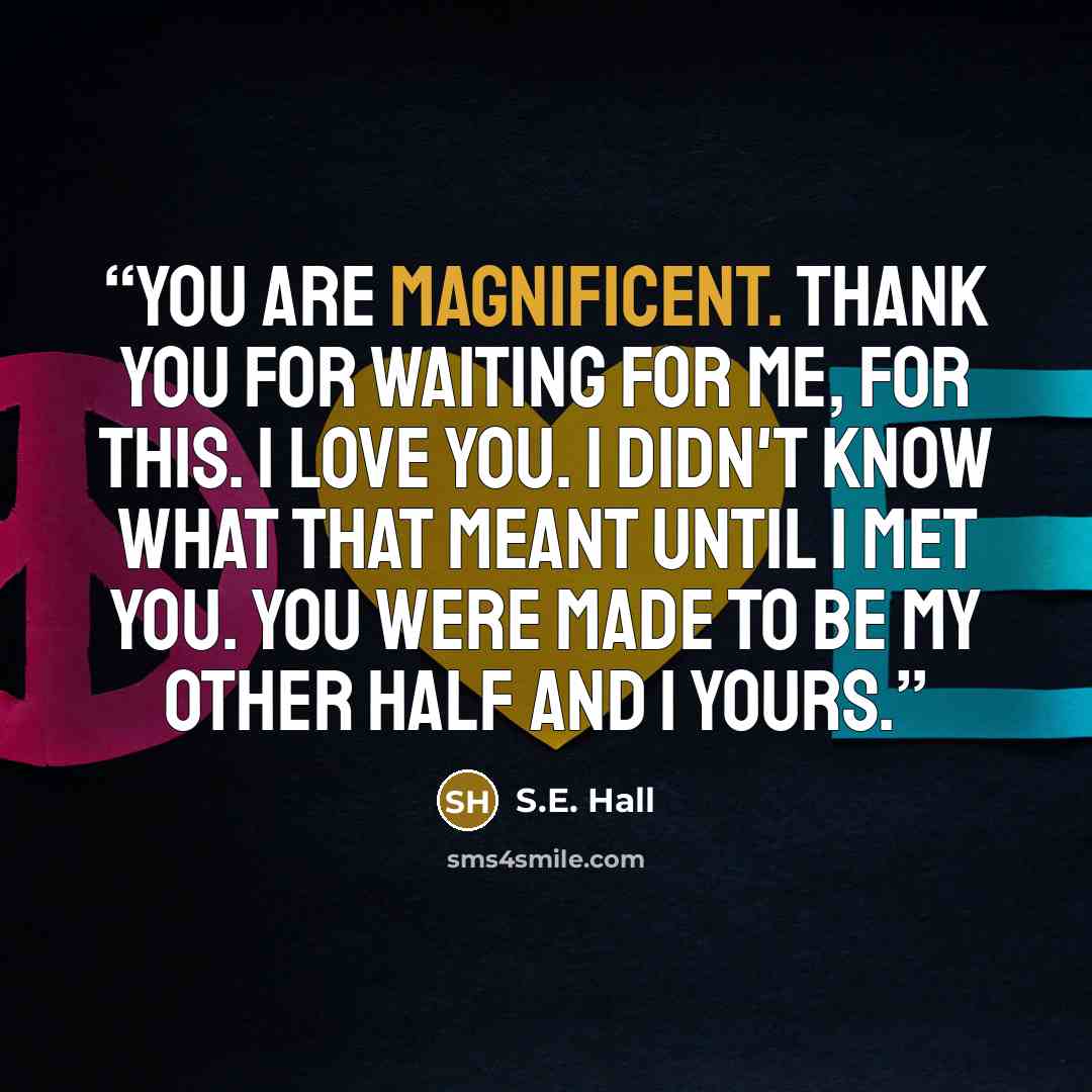 “You are magnificent. Thank you for waiting for me, for this. I love you. I didn't know what that meant until I met you. You were made to be my other half and I yours.” quote by S.E. Hall