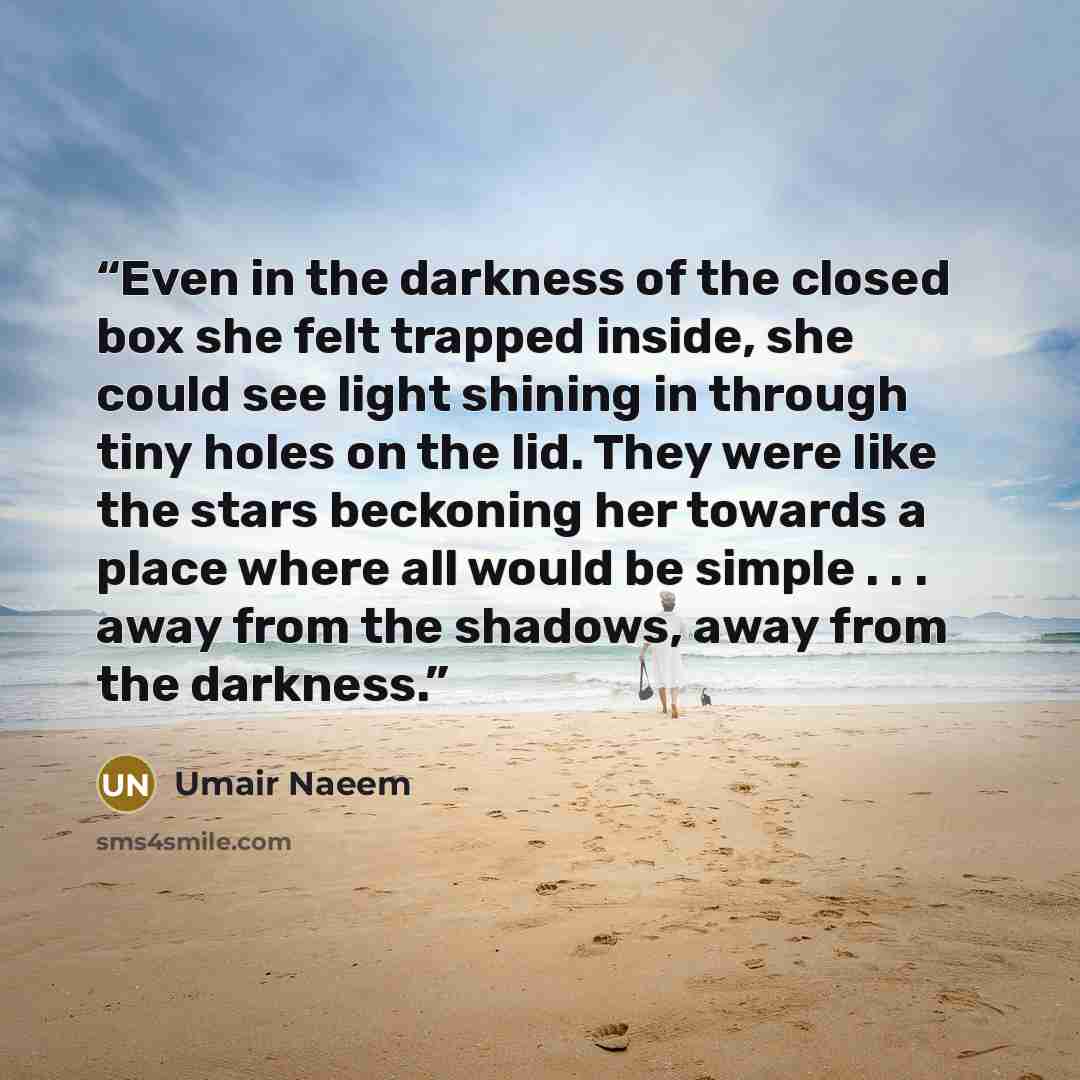 “Even in the darkness of the closed box she felt trapped inside, she could see light shining in through tiny holes on the lid. They were like the stars beckoning her towards a place where all would be simple . . . away from the shadows, away from the darkness.” quote by Umair Naeem