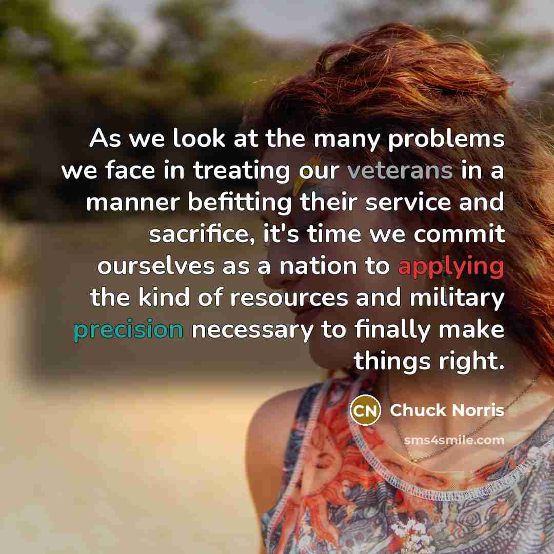 “As we look at the many problems we face in treating our veterans in a manner befitting their service and sacrifice, it's time we commit ourselves as a nation to applying the kind of resources and military precision necessary to finally make things right.” quote by Chuck Norris