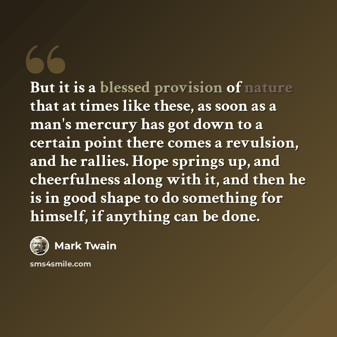 “But it is a blessed provision of nature that at times like these, as soon as a man's mercury has got down to a certain point there comes a revulsion, and he rallies. Hope springs up, and cheerfulness along with it, and then he is in good shape to do something for himself, if anything can be done.” quote by Mark Twain