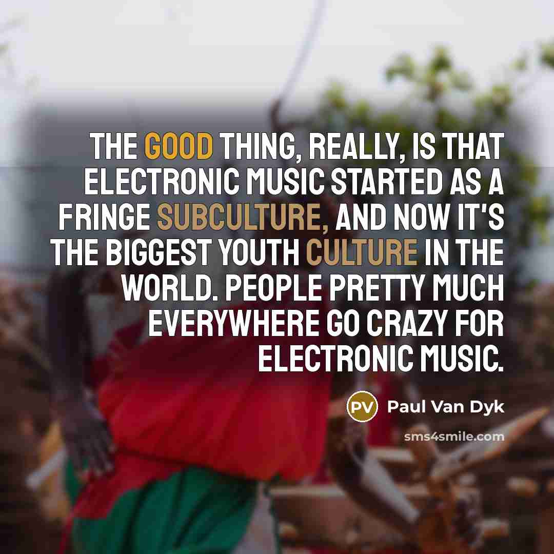 “The good thing, really, is that electronic music started as a fringe subculture, and now it's the biggest youth culture in the world. People pretty much everywhere go crazy for electronic music.” quote by Paul van Dyk