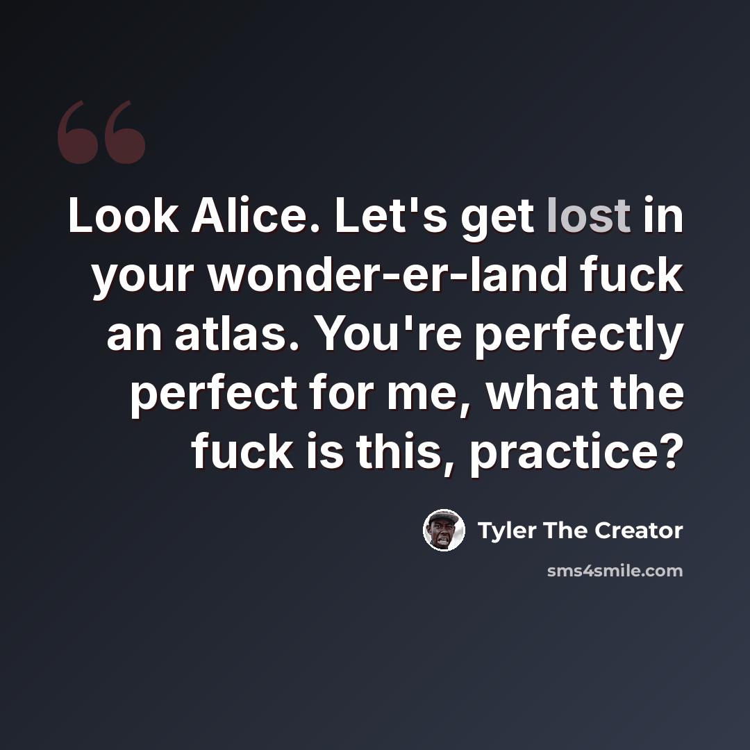 “Look Alice. Let's get lost in your wonder-er-land fuck an atlas. You're perfectly perfect for me, what the fuck is this, practice?” quote by Tyler The Creator