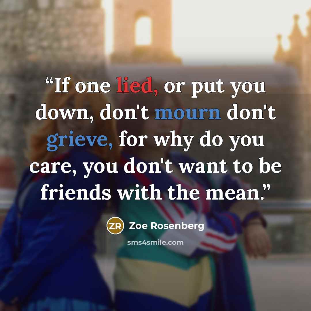 “If one lied, or put you down, don't mourn don't grieve, for why do you care, you don't want to be friends with the mean.” quote by Zoe Rosenberg
