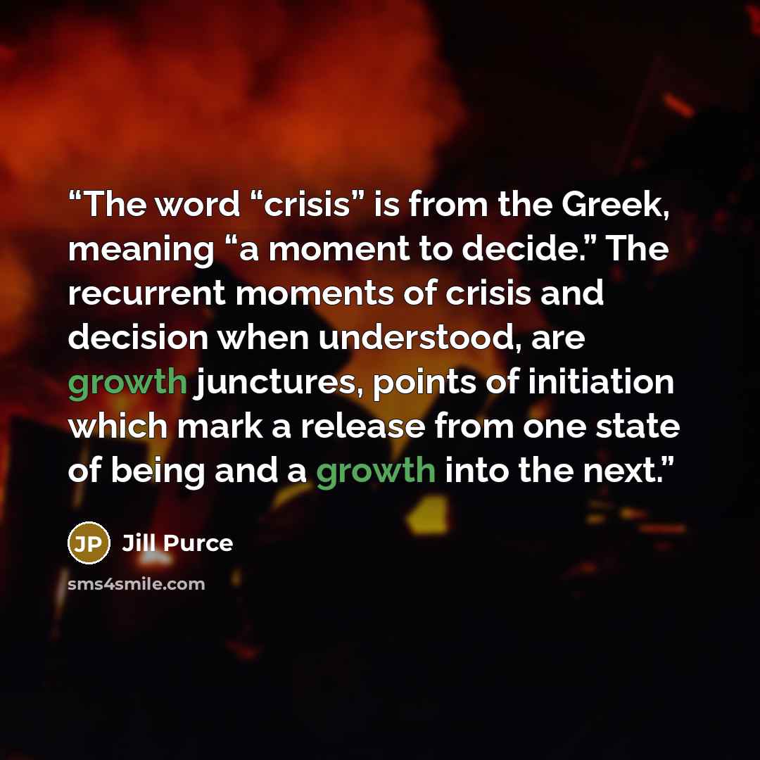 “The word “crisis” is from the Greek, meaning “a moment to decide.” The recurrent moments of crisis and decision when understood, are growth junctures, points of initiation which mark a release from one state of being and a growth into the next.” quote by Jill Purce