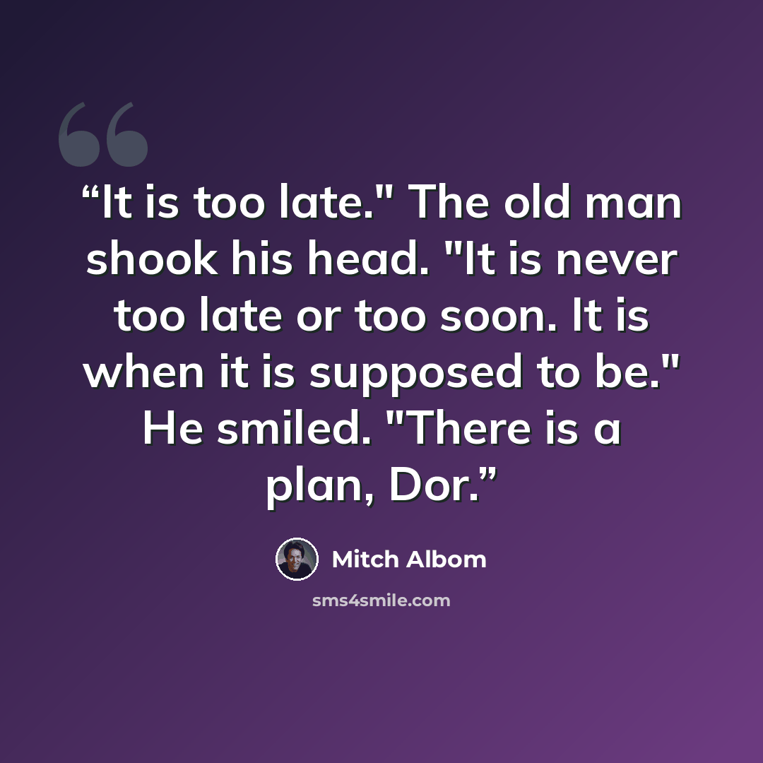 “It is too late." The old man shook his head. "It is never too late or too soon. It is when it is supposed to be." He smiled. "There is a plan, Dor.” quote by Mitch Albom