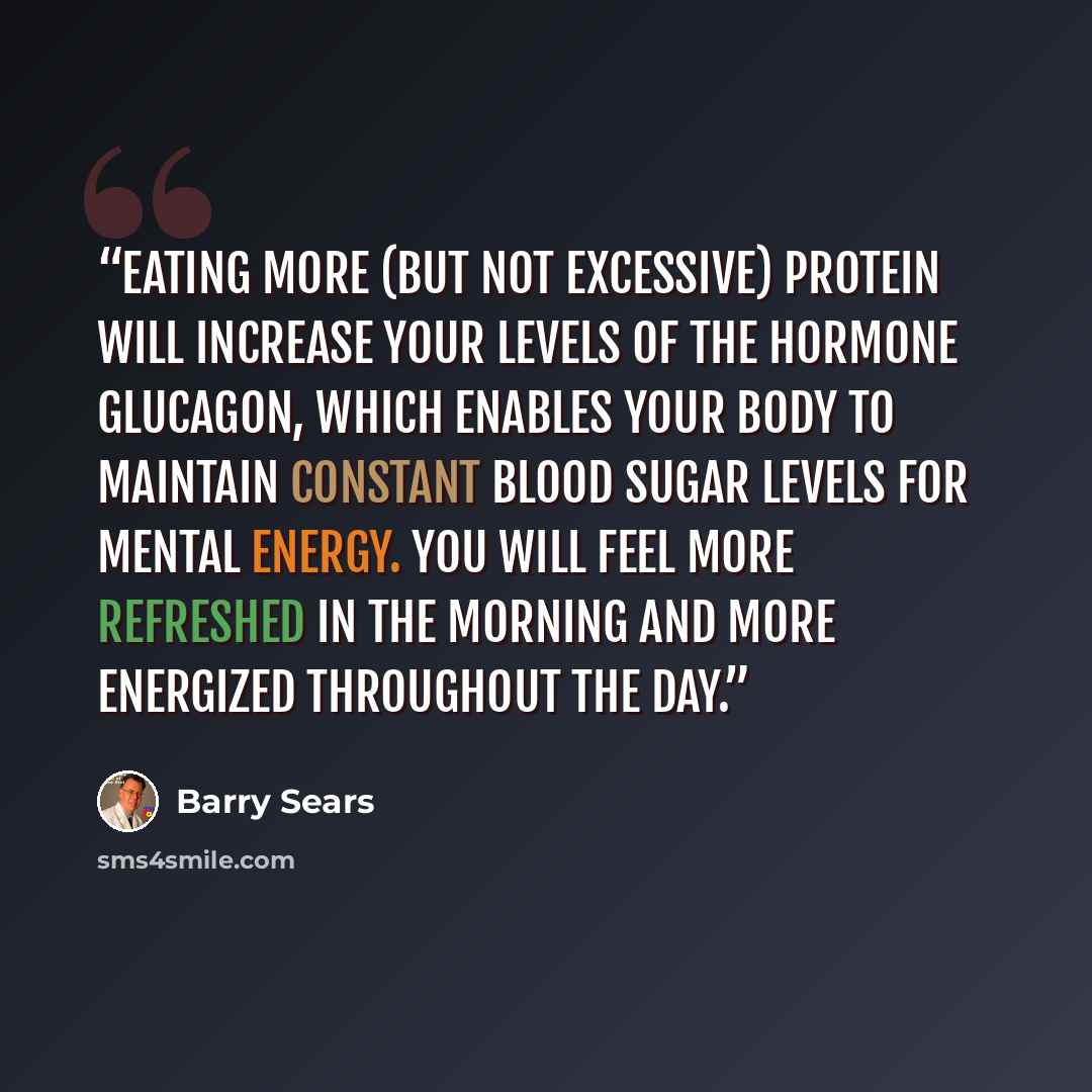 “Eating more (but not excessive) protein will increase your levels of the hormone glucagon, which enables your body to maintain constant blood sugar levels for mental energy. You will feel more refreshed in the morning and more energized throughout the day.” quote by Barry Sears