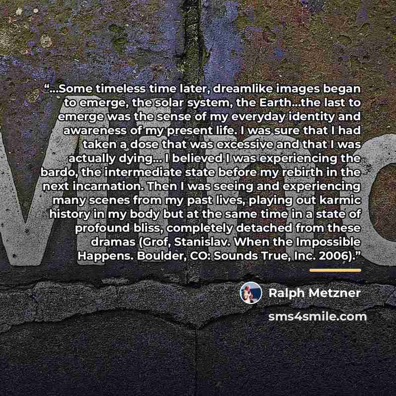 “…Some timeless time later, dreamlike images began to emerge, the solar system, the Earth…the last to emerge was the sense of my everyday identity and awareness of my present life. I was sure that I had taken a dose that was excessive and that I was actually dying… I believed I was experiencing the…” quote by Ralph Metzner