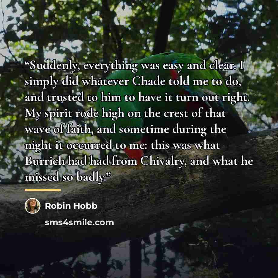 “Suddenly, everything was easy and clear. I simply did whatever Chade told me to do, and trusted to him to have it turn out right. My spirit rode high on the crest of that wave of faith, and sometime during the night it occurred to me: this was what Burrich had had from Chivalry, and what he missed…” quote by Robin Hobb