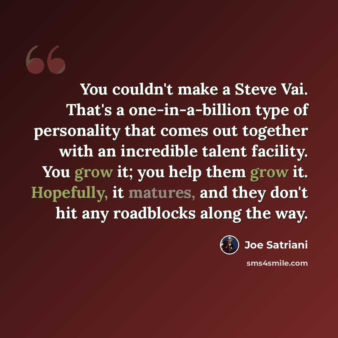 “You couldn't make a Steve Vai. That's a one-in-a-billion type of personality that comes out together with an incredible talent facility. You grow it; you help them grow it. Hopefully, it matures, and they don't hit any roadblocks along the way.” quote by Joe Satriani