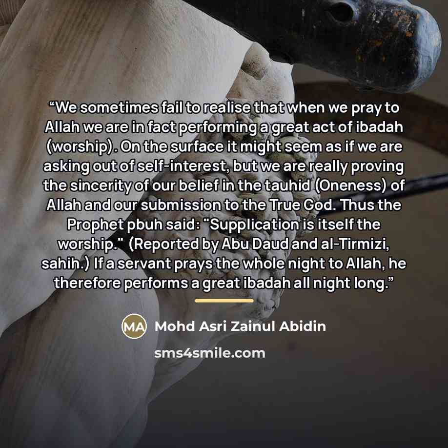 “We sometimes fail to realise that when we pray to Allah we are in fact performing a great act of ibadah (worship). On the surface it might seem as if we are asking out of self-interest, but we are really proving the sincerity of our belief in the tauhid (Oneness) of Allah and our submission to the…” quote by Mohd Asri Zainul Abidin