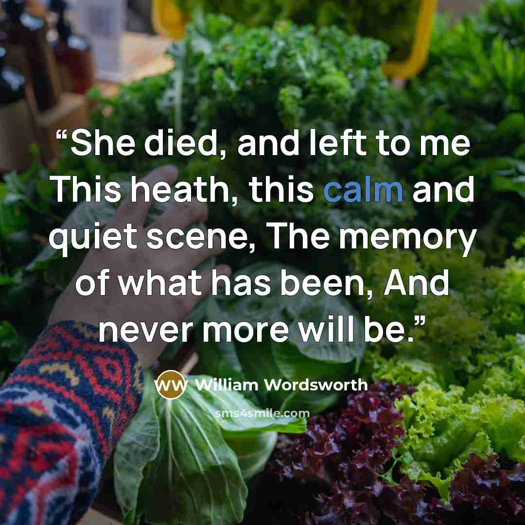 “She died, and left to me This heath, this calm and quiet scene, The memory of what has been, And never more will be.” quote by William Wordsworth