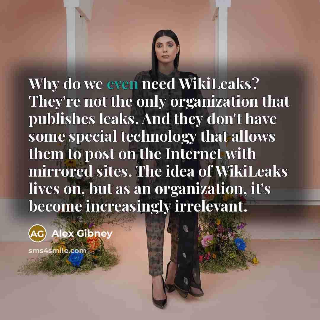“Why do we even need WikiLeaks? They're not the only organization that publishes leaks. And they don't have some special technology that allows them to post on the Internet with mirrored sites. The idea of WikiLeaks lives on, but as an organization, it's become increasingly irrelevant.” quote by Alex Gibney